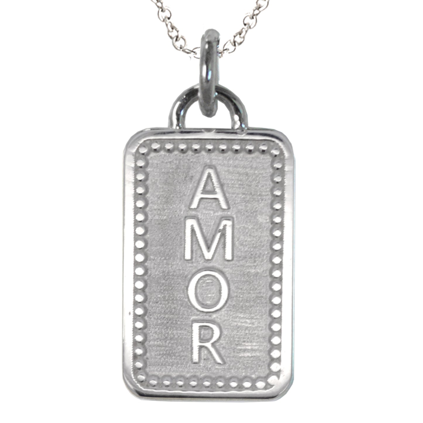 Our sterling silver charm with AMOR on one side and LOVE on the other. This side is AMOR. Raised lettering.