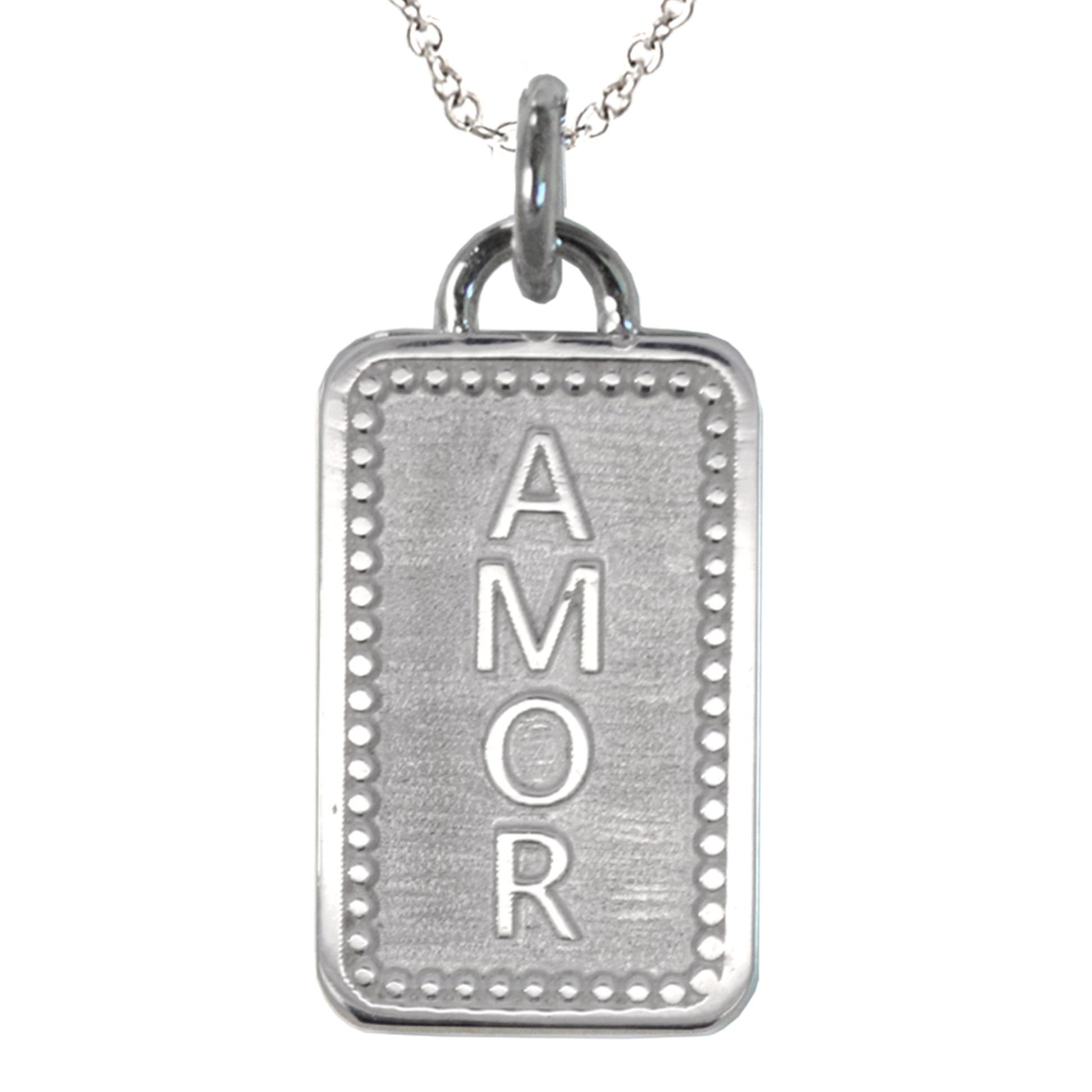 Our sterling silver charm with AMOR on one side and LOVE on the other. This side is AMOR. Raised lettering.