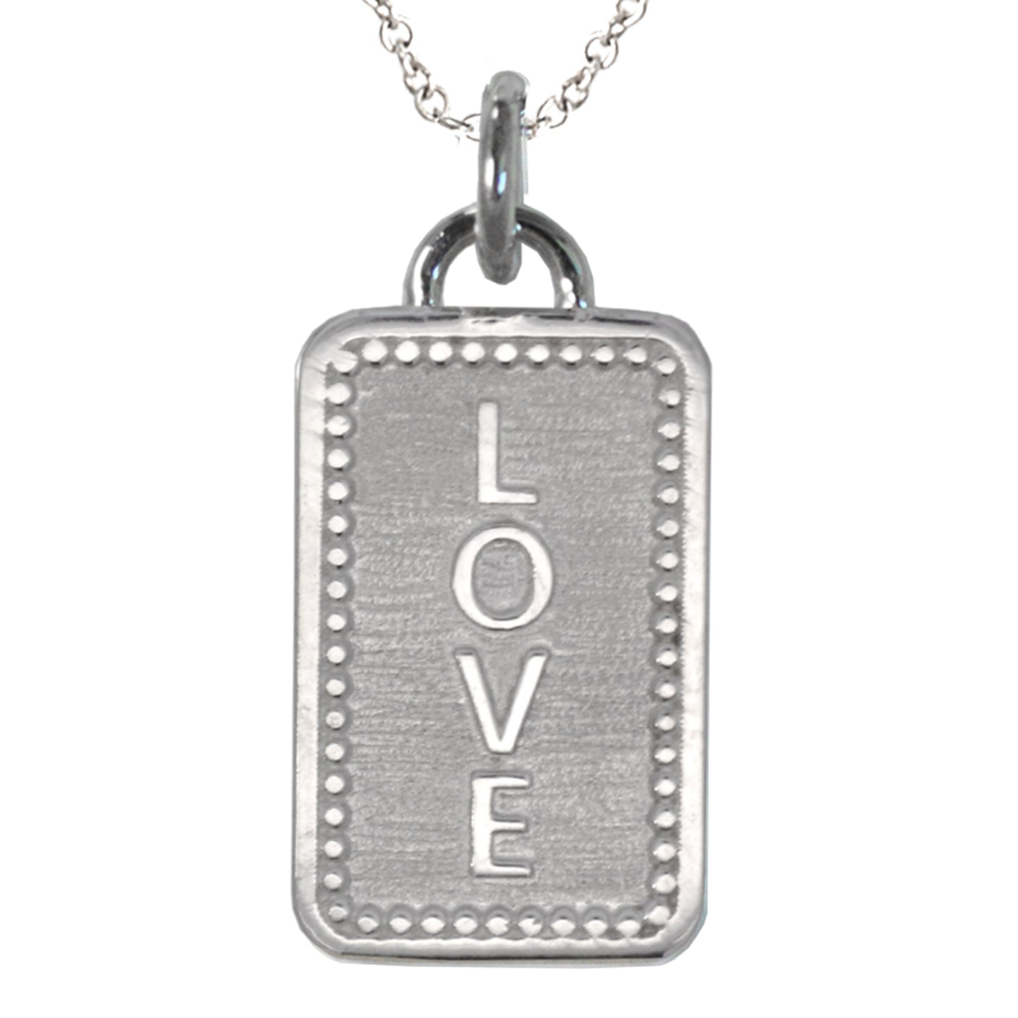 Our sterling silver charm with AMOR on one side and LOVE on the other. This side is LOVE. Raised lettering.
