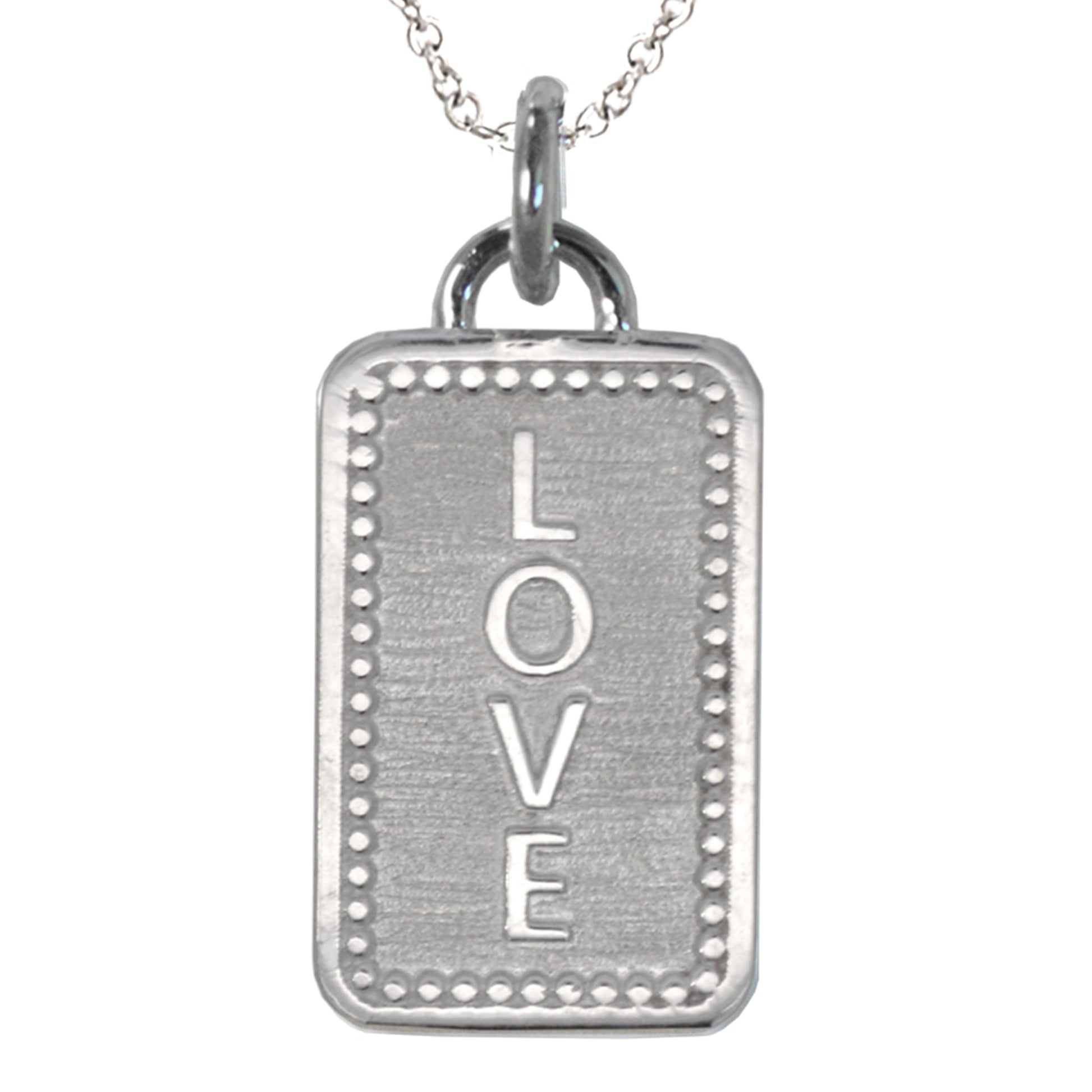 Our sterling silver charm with AMOR on one side and LOVE on the other. This side is LOVE. Raised lettering.
