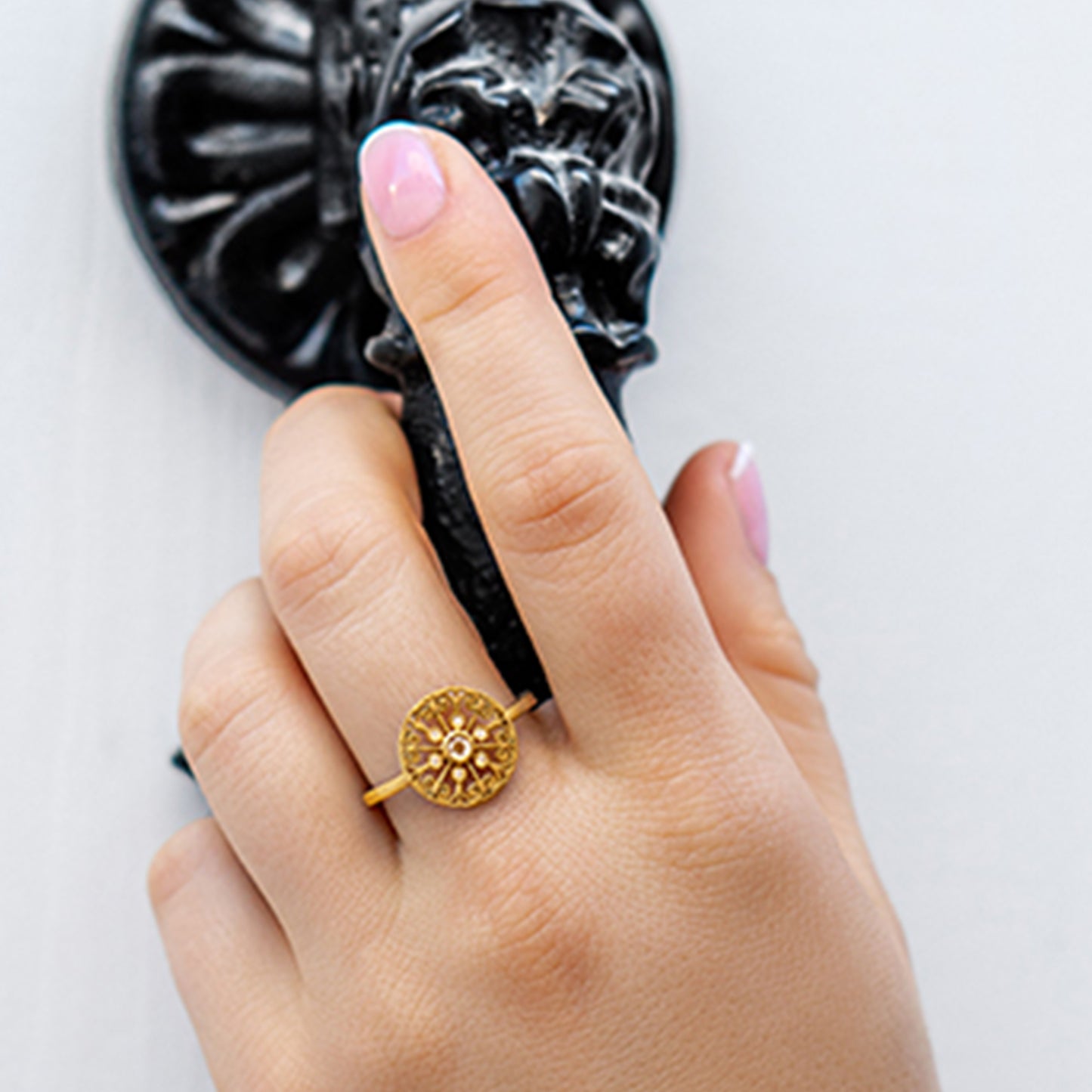 La Rioja Open Medallion Ring on Model