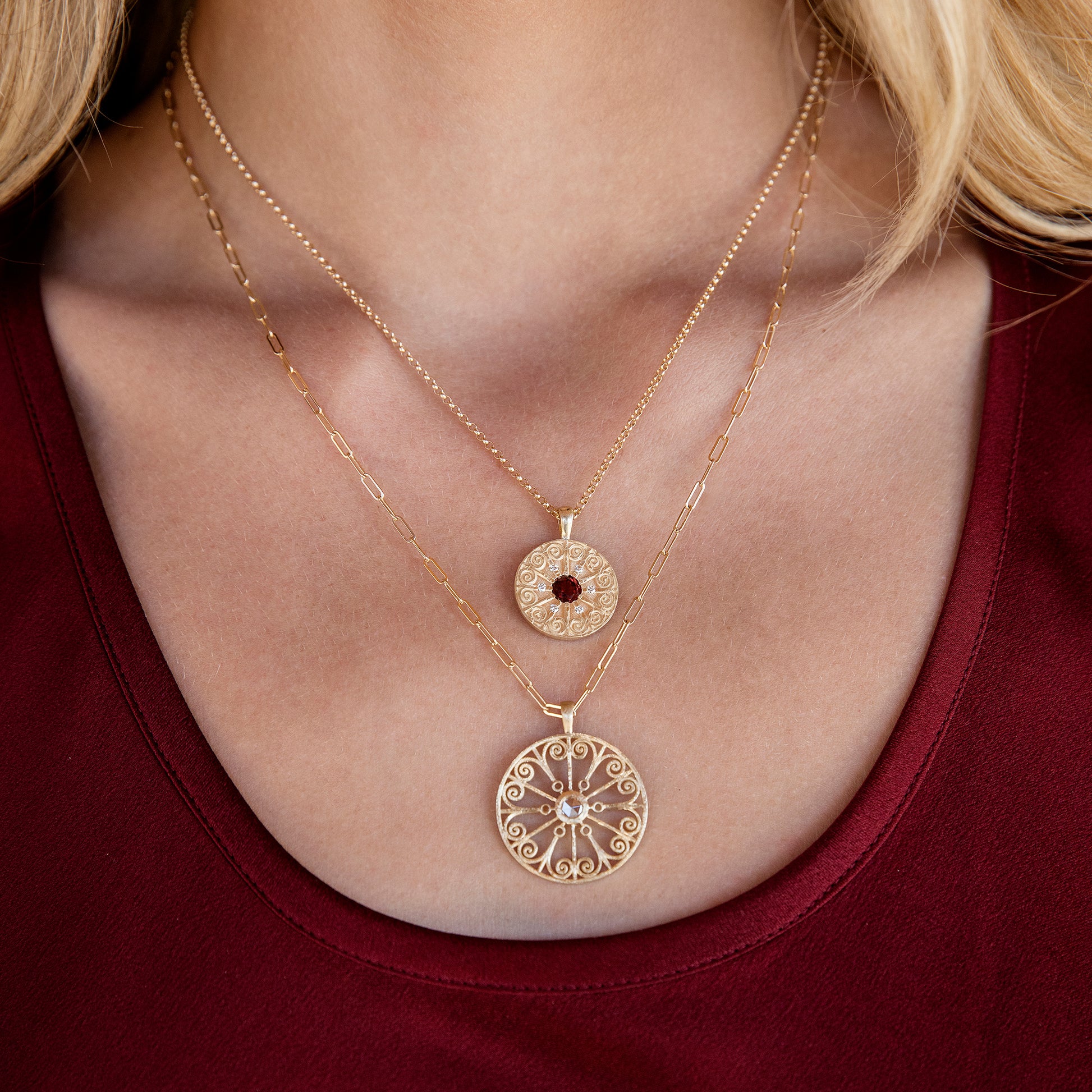 La Rioja Rose Cut Diamond Open Medallion and Garnet Medallion on model