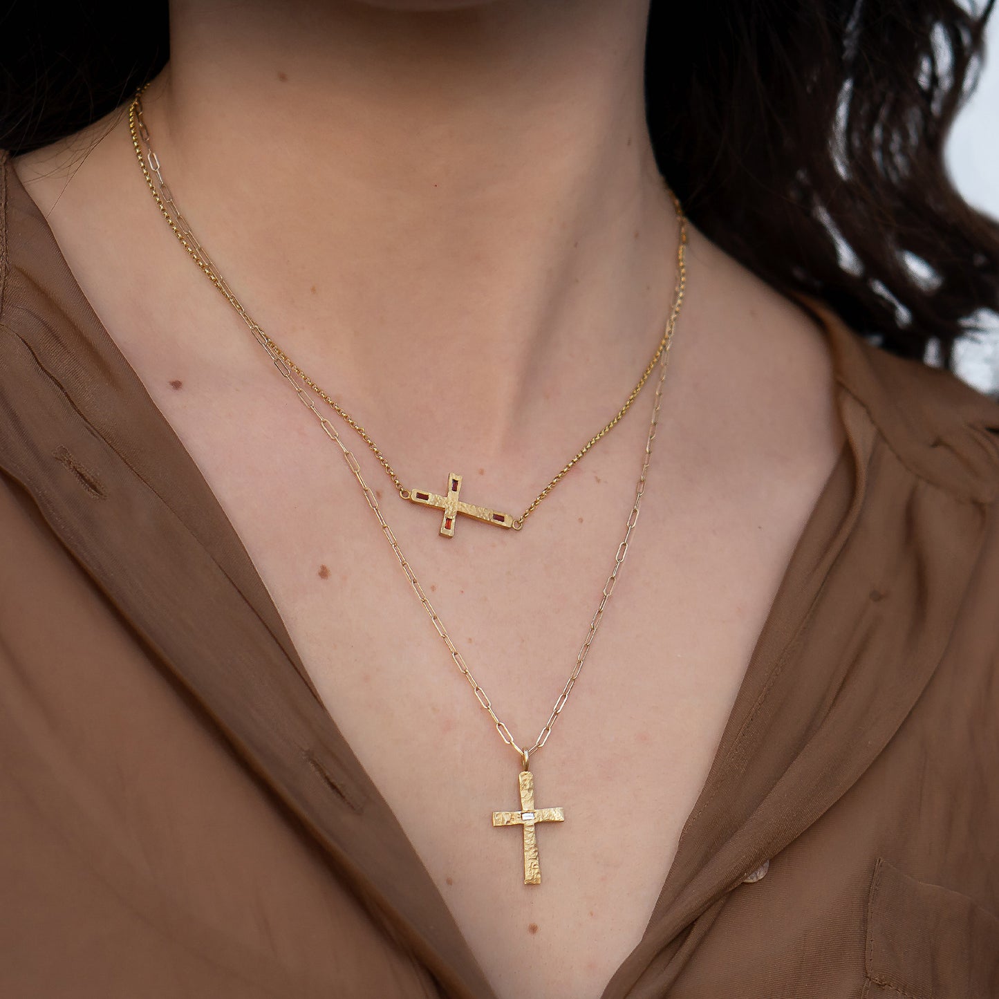 Off Center Santos Cross Necklace with Garnets